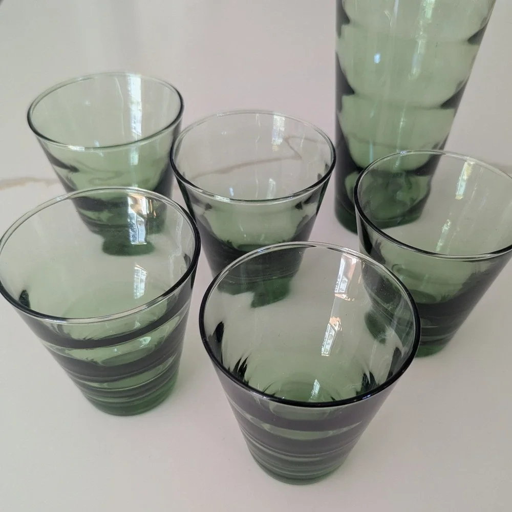 Vtg Libbey Green Glass Tumbler and Juice Glasses Set of 6 MCM Bark‎ Texture
